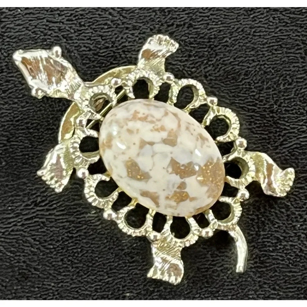 Vintage Gerrys Turtle Art Glass Cabochon Brooch Pin Marble Brown Gold 2.25